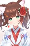  1girl absurdres animal_ears blush bow bright_pupils brown_hair flower green_eyes hair_flower hair_ornament highres japanese_clothes kimono long_sleeves looking_at_viewer original ribbon short_hair simple_background smile solo twintails wep16night white_pupils 