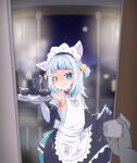  1girl alternate_costume apron bangs blue_eyes blue_hair city_lights detached_sleeves door dress enmaided fish_tail frills gawr_gura highres hololive hololive_english maid maid_apron maid_headdress moral_cacoethes multicolored_hair shark_tail streaked_hair tail teapot tray virtual_youtuber 