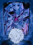  black_eyes blue_theme broken_glass broken_mirror brothers child different_reflection empty_eyes glass highres hunter_x_hunter illumi_zoldyck indoors killua_zoldyck long_hair looking_at_mirror male_child male_focus mirror mismatched_pupils reflection short_hair siblings sink smile symbolism thicopoyo white_hair 