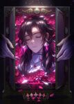  1boy absurdres black_hair blood box chinese_commentary cloak closed_eyes closed_mouth constantine_xi_(fate) crown crown_removed curtained_hair earrings fate/grand_order fate_(series) flower glint gloves hair_between_eyes highres in_box in_container jewelry light_particles long_hair male_focus out_of_frame pink_blood pink_flower pink_rose portrait qingyuan rose solo white_cloak white_gloves 