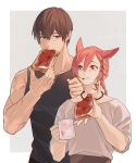  2boys :t adventurer_(ff14) animal_ears bangs bare_arms bare_shoulders black_tank_top blue_eyes border braid braided_ponytail breakfast brown_hair bwith00 cat_ears collarbone commentary_request cup eating english_text eye_contact facial_hair facial_mark final_fantasy final_fantasy_xiv food food_in_mouth food_on_face g&#039;raha_tia good_morning grey_background grey_shirt hair_between_eyes hair_ornament hands_up height_difference highres holding holding_cup holding_food hyur jam korean_commentary looking_at_another low_ponytail male_focus miqo&#039;te mouth_hold mug multiple_boys outside_border red_eyes redhead scar scar_on_arm shirt short_hair simple_background single_braid slit_pupils standing stubble swept_bangs tank_top toast toast_in_mouth toned toned_male upper_body white_border x_hair_ornament 