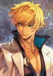  1boy black_shirt blonde_hair blue_eyes collarbone electricity floating_hair guilty_gear guilty_gear_strive hair_between_eyes hankuri jacket jacket_on_shoulders ky_kiske lightning looking_to_the_side male_focus muscular muscular_male pectorals shaded_face shirt short_hair solo upper_body v-neck white_jacket 