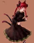  1girl :d absurdres animal_ears bangs blunt_bangs bow braid breasts brown_background cat_ears cat_tail commentary dress extra_ears hair_bow highres kaenbyou_rin leaning_forward looking_at_viewer multiple_tails nekomata paw_pose red_eyes redhead simple_background small_breasts smile solo tail touhou twin_braids two_tails wonkart 