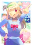  1girl ;d bangs blonde_hair blue_shirt blue_skirt blurry blurry_background blush bow collarbone collared_shirt commentary_request commission copyright_request depth_of_field green_hairband hair_rings hairband head_tilt kou_hiyoyo long_hair long_sleeves looking_at_viewer multicolored_hair one_eye_closed outstretched_arm puffy_long_sleeves puffy_sleeves red_bow red_eyes shirt skeb_commission skirt smile solo two-tone_hair very_long_hair virtual_youtuber 