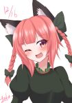  1girl ;d animal_ears bow braid cat_ears dated dress fang hair_bow juliet_sleeves kaenbyou_rin long_sleeves looking_at_viewer one_eye_closed open_mouth puffy_sleeves red_eyes redhead signature smile solo touhou twin_braids upper_body youka1258 