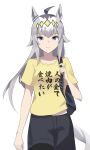  1girl ahoge alternate_costume animal_ears bag black_shorts clothes_writing commentary dengakumiso expressionless grey_eyes grey_hair highres horse_ears horse_girl horse_tail long_hair looking_at_viewer multicolored_hair oguri_cap_(umamusume) shirt shorts simple_background solo t-shirt tail translated umamusume white_background yellow_shirt 