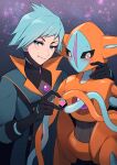  1boy 1other arm_around_neck bangs black_bodysuit black_gloves black_sclera blue_eyes blue_hair blue_jacket blue_skin blush bodysuit bodysuit_under_clothes closed_mouth colored_sclera colored_skin commentary_request constricted_pupils cowboy_shot deoxys deoxys_(normal) gem gloves gradient gradient_background half-closed_eyes hand_on_another&#039;s_shoulder hand_up happy heart heart_hands heart_hands_duo high_collar highres interspecies jacket looking_at_viewer maki_(letusgomaki) multicolored_skin nervous no_mouth orange_skin pokemon pokemon_(creature) pokemon_(game) pokemon_masters_ex purple_gemstone revision shiny shiny_hair short_hair sidelocks smile standing star_(symbol) steven_stone sweat tentacles two-tone_skin upper_body v-shaped_eyebrows white_eyes 