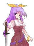 belt breasts buttons hair_ribbon katana lowres non-web_source ponytail purple_hair ribbon sword violet_eyes watatsuki_no_yorihime weapon 