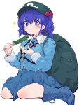  1girl absurdres backpack bag blue_eyes blue_footwear blue_hair blue_shirt blue_skirt boots cross-laced_footwear cucumber flat_cap food green_headwear hair_bobbles hair_ornament hat highres holding kawashiro_nitori key lace-up_boots mugi_(mugimugi_9kv) shirt short_hair short_twintails simple_background skirt solo touhou twintails vegetable white_background 
