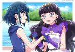 2022 2girls :d black_hair blue_eyes blue_gloves blue_hair blue_sky blush clouds collared_shirt dated day delicious_party_precure diadem dress earrings eye_contact fuwa_kokone gloves green_eyes hanzou heart_pendant highres holding_hands hood hood_down hooded_jacket interlocked_fingers jacket jewelry kasai_amane long_hair looking_at_another medium_hair multiple_girls open_mouth outdoors pinafore_dress precure purple_gloves purple_shirt shiny shiny_hair shirt sky sleeveless sleeveless_jacket sleeveless_shirt smile sparkle twitter_username upper_body very_long_hair white_dress wing_collar