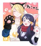  1boy 1girl absurdres akari_(pokemon) animal_ears animal_hands blonde_hair blue_eyes blue_hair cat_paws closed_eyes commentary_request fake_animal_ears highres long_hair looking_at_viewer one_eye_closed open_mouth pokemon pokemon_(game) pokemon_legends:_arceus scarf short_hair smile somehideyosi translated volo_(pokemon) 