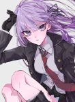  1girl bangs black_gloves black_jacket black_ribbon black_skirt buttons collared_shirt commentary_request danganronpa:_trigger_happy_havoc danganronpa_(series) floating_hair gloves grey_background hair_between_eyes hair_ribbon highres jacket kirigiri_kyouko long_hair long_sleeves looking_at_viewer necktie open_clothes open_jacket parted_lips purple_hair red_necktie ribbon ru-pe_(gstm_0915) shirt simple_background sitting skirt solo violet_eyes white_shirt 