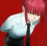  1girl arms_behind_back bangs black_necktie black_pants braid braided_ponytail breasts chainsaw_man collared_shirt formal highres isshiki_(ffmania7) leaning_forward long_hair looking_at_viewer makima_(chainsaw_man) necktie pants red_background redhead ringed_eyes shirt skirt solo twitter_username white_shirt yellow_eyes 