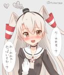  1girl amatsukaze_(kancolle) brown_dress brown_eyes daijoubu?_oppai_momu? dress gloves grey_background grey_hair grey_neckerchief hair_tubes kantai_collection kujira_naoto lifebuoy_ornament long_hair looking_at_viewer neckerchief sailor_collar sailor_dress short_dress simple_background single_glove smokestack_hair_ornament solo translation_request twitter_username two_side_up upper_body white_gloves white_sailor_collar 