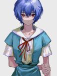  1girl arm_behind_back ayanami_rei bangs blue_dress blue_hair collarbone collared_shirt dress expressionless hand_on_own_arm highres looking_at_viewer neck_ribbon neon_genesis_evangelion pinafore_dress red_eyes ribbon sailor_collar school_uniform shirt short_hair short_sleeves simple_background solo standing straight-on tada_(anuanu134) upper_body white_background white_shirt 