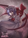  1girl artist_name bat_wings bow grey_background hair_between_eyes hat highres light_smile looking_at_viewer mob_cap nail_polish puffy_short_sleeves puffy_sleeves purple_hair red_bow red_eyes red_nails remilia_scarlet short_sleeves signature simple_background solo touhou usaka_ray wings 