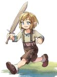  1boy :d aged_down blonde_hair blue_eyes elf grass link medium_hair monbetsu_kuniharu pointy_ears running shorts smile solo suspenders sword the_legend_of_zelda the_legend_of_zelda:_breath_of_the_wild weapon white_background wooden_sword 