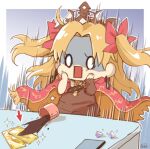  1girl aruti black_tiara blonde_hair cellphone chibi cloak coffee coffee_cup cup disposable_cup earrings ereshkigal_(fate) fate/grand_order fate_(series) gold_trim hair_ribbon hands_on_own_cheeks hands_on_own_face hood hooded_cloak hoop_earrings jewelry long_hair open_mouth panicking phone red_cloak red_ribbon ribbon saint_quartz_fragment shaded_face skull skull_collar smartphone solo spill spilling spine summon_ticket_(fate) surprised white_eyes wide-eyed 