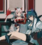  2girls aqua_hair arknights belt black_belt black_shorts black_skin blue_horns coat collarbone colored_skin cup dragon_girl dragon_horns dragon_tail earrings flame-tipped_tail gradient_hair gradient_skin holding holding_cup horns jewelry ling_(arknights) long_hair multicolored_hair multiple_girls necktie nian_(arknights) one_eye_closed open_clothes open_coat pointy_ears ponytail qiangjiaodiangong red_bandeau red_horns red_skin redhead shorts siblings sidelocks strapless streaked_hair tail tassel tassel_earrings tube_top violet_eyes white_coat white_hair white_shorts yellow_necktie 