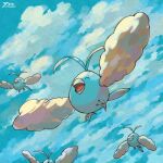  ^_^ antenna_hair bird closed_eyes closed_mouth clouds commentary_request day flying from_below no_humans open_mouth outdoors oyasuminjyutsu pokemon pokemon_(creature) signature sky swablu tongue 