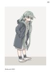  1girl alternate_costume black_coat black_eyes blue_hair blush bright_pupils closed_mouth coat east_sha2 full_body grey_socks hands_in_pockets hatsune_miku highres long_hair looking_at_viewer shoes sneakers socks solo twintails vocaloid white_footwear white_pupils 