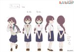  1girl artist_request backpack bag black_skirt braid braided_ponytail brown_footwear brown_hair character_name copyright copyright_name do_it_yourself!! full_body glasses green_eyes hikage_takumi medium_skirt multiple_views official_art reference_sheet school_uniform shirt shirt_tucked_in shoes single_braid skirt socks standing white_shirt 