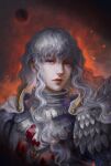  1boy absurdres androgynous armor berserk blood blood_on_clothes blue_eyes cape etin fire griffith_(berserk) highres long_hair looking_at_viewer male_focus shoulder_armor solo wavy_hair white_cape white_hair 
