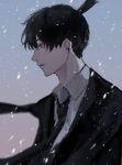  1boy armless bangs black_hair black_necktie chainsaw_man collared_shirt crying crying_with_eyes_open ear_piercing formal grey_background hair_between_eyes hayakawa_aki highres inuo_(inuo_x) necktie piercing sad shirt short_hair simple_background snowing solo suit tears topknot white_shirt 