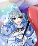  1girl :d ahoge ashigaruk blue_capelet blue_eyes blue_hair blurry blurry_background capelet heterochromia highres holding holding_umbrella karakasa_obake long_sleeves looking_at_viewer open_mouth purple_umbrella red_eyes shirt short_hair smile solo tatara_kogasa tongue touhou umbrella white_shirt 