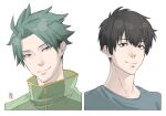  2boys bangs black_eyes black_hair blue_shirt closed_mouth commentary_request etra-chan_wa_mita! green_eyes green_hair green_jacket jacket kuroki_(etra-chan_wa_mita!) looking_at_viewer madder_song male_focus multiple_boys portrait shirt short_hair simple_background smile spiky_hair tokusa_(etra-chan_wa_mita!) white_background 