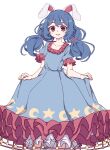  1girl absurdres animal_ears bloomers blue_dress blue_hair blush_stickers collarbone crescent_print dress earclip frilled_dress frilled_sleeves frills highres kame_(kamepan44231) long_hair one-hour_drawing_challenge open_mouth rabbit_ears red_eyes seiran_(touhou) short_sleeves simple_background smile solo star_(symbol) star_print touhou underwear white_background white_bloomers 