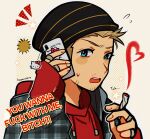  1boy absurdres beanie blonde_hair blue_eyes breaking_bad cellphone charisma_break cigarette hat hello_kitty hello_kitty_(character) highres holding holding_cigarette holding_phone hood hoodie huyandere jesse_pinkman male_focus open_mouth phone portrait profanity red_hoodie smartphone smoking solo sweatdrop 