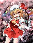 1girl :d ascot ashigaruk bangs blurry blurry_background cowboy_shot crystal fang flandre_scarlet hat hat_ribbon highres mob_cap open_mouth pointy_ears red_eyes red_ribbon red_skirt red_vest ribbon shirt skirt smile solo standing touhou vest white_headwear white_shirt wings wrist_cuffs yellow_ascot 