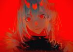  1girl androgynous bangs commentary eyelashes feather_trim glitch glowing glowing_eyes grey_hair hair_between_eyes highres light_smile limited_palette long_hair looking_at_viewer original parted_lips portrait red_background red_theme simple_background solo turtleneck xxkakubixx 