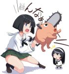  3girls black_hair blue_eyes buchikaki chainsaw_man chibi crossover girls_und_panzer long_hair made_in_abyss multiple_girls nanachi_(made_in_abyss) ooarai_school_uniform open_mouth pochita_(chainsaw_man) reizei_mako school_uniform short_hair sono_midoriko squatting standing white_background white_eyes 