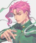  1boy asymmetrical_hair bangs chinese_commentary collared_jacket colored_eyelashes commentary_request earrings from_side gakuran green_jacket hand_up hierophant_green highres jacket jewelry jojo_no_kimyou_na_bouken kakyoin_noriaki long_sleeves looking_at_viewer male_focus parted_bangs pink_eyes pink_hair portrait realistic scar scar_across_eye school_uniform short_hair simple_background solo stand_(jojo) stardust_crusaders white_background yuan_di_shaobing 