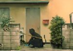  1other black_cat bush cat caution_tape door flower horror_(theme) keep_out onehamoeru original outdoors scenery window 