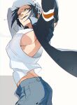  1girl black_hair breasts coat earrings genderswap genderswap_(mtf) hat highres jewelry large_breasts one_piece open_clothes pants shirt short_hair sideboob smile solo tattoo trafalgar_law w36wtz2anipnju1 white_background 