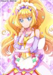 1girl 2022 back_bow bangs blonde_hair blue_eyes blunt_bangs bow bridal_gauntlets choker closed_mouth collarbone cure_finale dated delicious_party_precure detached_sleeves diadem dress hair_ornament hanzou high_ponytail highres jewelry kasai_amane layered_dress long_hair long_sleeves looking_at_viewer pink_choker pink_dress precure purple_sleeves ring shiny shiny_skin smile solo twitter_username very_long_hair white_bow