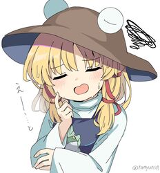  1girl blonde_hair brown_headwear closed_mouth highres long_sleeves moriya_suwako open_mouth ramudia_(lamyun) short_hair sidelocks simple_background solo squiggle touhou upper_body white_background 