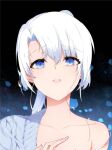  1girl blouse blue_eyes hand_on_own_chest lipstick long_hair looking_at_viewer makeup mk-li_zhiheng my_girl_is_a_dragon non-web_source off_shoulder reese_(my_girl_is_a_dragon) shirt white_hair 