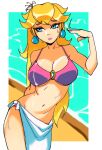  3amsoda beach bikini blonde_hair blue_eyes earrings highres jewelry long_hair midriff princess_peach solo super_mario_bros. swimsuit 
