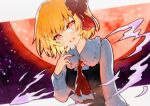  1girl ascot black_vest blonde_hair blush collared_shirt fang fingernails hair_ribbon highres long_sleeves nail_polish open_mouth qqqrinkappp red_ascot red_eyes red_nails red_ribbon ribbon rumia sharp_fingernails shirt short_hair skin_fang smile solo touhou traditional_media vest white_shirt 