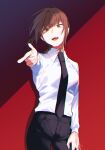  1girl arm_up bangs braid braided_ponytail breasts chainsaw_man eyebrows_hidden_by_hair finger_gun formal highres long_hair looking_at_viewer moegi0926 necktie open_mouth pants ponytail red_background red_eyes redhead simple_background smile solo suit 