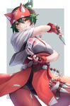  1girl animal_ears arm_across_chest bangs between_fingers border breasts brown_eyes closed_mouth dagger facial_mark fake_animal_ears fingerless_gloves forehead_protector fox_ears gloves green_hair holding holding_dagger holding_paper holding_weapon holster japanese_clothes kimono kiriko_(overwatch) knife kunai looking_at_viewer overwatch paper ponytail solo talisman ten_(tenchan_man) thigh_holster v-shaped_eyebrows weapon white_border white_kimono 