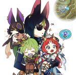  2boys 2girls animal_ear_fluff animal_ears animal_hat bangs black_gloves black_hair black_headwear blush bug closed_eyes collei_(genshin_impact) cyno_(genshin_impact) dark-skinned_male dark_skin dodo_t earrings flower fox_boy fox_ears genshin_impact gloves green_hair hair_between_eyes hat highres jewelry long_hair multicolored_hair multiple_boys multiple_girls mushroom nilou_(genshin_impact) open_mouth parted_lips pointing red_eyes redhead scarab simple_background single_earring sparkle sunglasses tighnari_(genshin_impact) twitter_username white_background white_hair zzz 