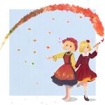  2girls ;) aki_minoriko aki_shizuha apron autumn_leaves blonde_hair blue_background border brown_footwear closed_mouth commentary_request dress food fruit full_body grapes hat highres holding holding_hands holding_paintbrush leaf long_sleeves looking_at_viewer maple_leaf mob_cap multiple_girls musical_note one_eye_closed paintbrush red_apron red_dress red_eyes red_headwear short_hair siblings simple_background sisters smile socks standing touhou wheat_print white_border white_socks yuki_mizuhashi 
