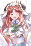  1girl closed_eyes commentary_request flower genshin_impact harem_outfit highres holding holding_flower horns kurotaka_oniku long_hair midriff navel nilou_(genshin_impact) open_mouth redhead smile solo 
