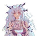  1girl arknights blush dress duhongchen579 grey_hair happy_birthday highres holding holding_phone long_hair longship looking_at_viewer orange_eyes owl_ears phone photo_(object) poptepipic ptilopsis_(arknights) simple_background smile solo white_background white_dress 