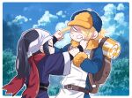  1boy 1girl akari_(pokemon) bag blonde_hair blue_hair clenched_teeth closed_eyes clouds cloudy_sky commentary_request crying grabbing_another&#039;s_hair hat highres long_hair outdoors pokemon pokemon_(game) pokemon_legends:_arceus ponytail scarf short_hair sky somehideyosi sweat teeth tree volo_(pokemon) 